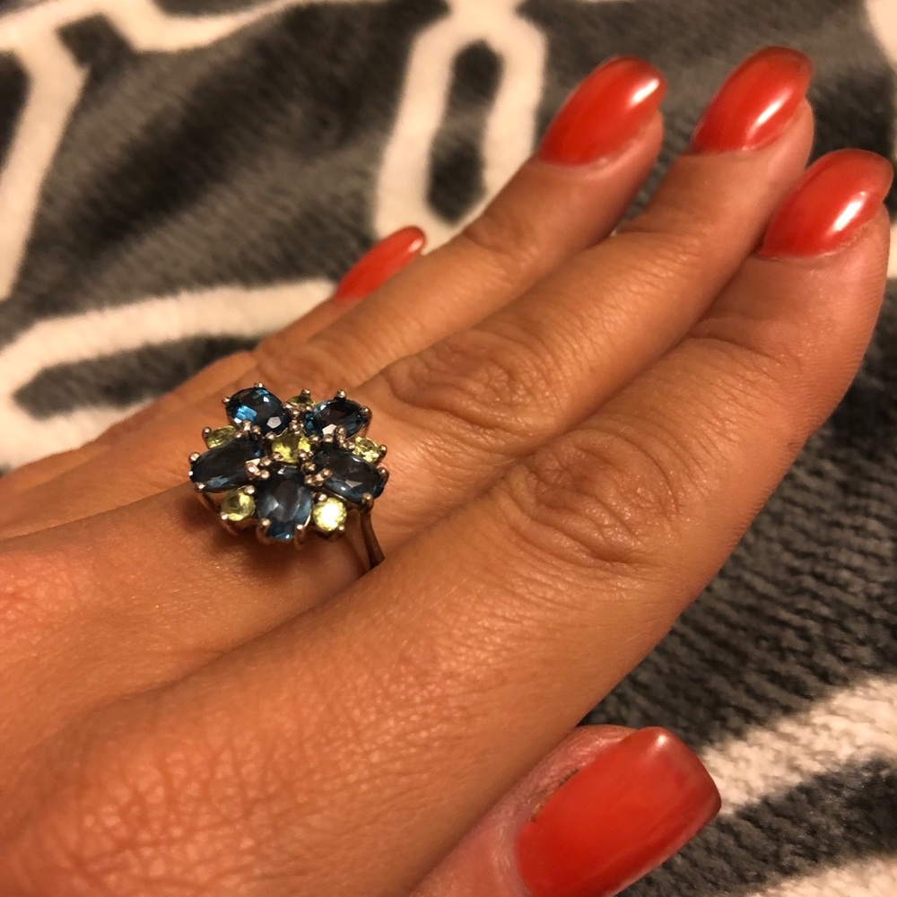 Blue and  green sterling silver flower ring